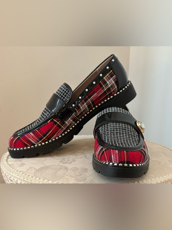 Betsey Johnson Shoes - Plaid & Tweed Loafers with Stud Trim - Red Black